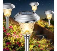 BEAU JARDIN 4 Pack Metal Garden Solar Lights Outdoor Waterproof 900mAh LED Solar Stake Lights Glass Lens Stainless Steel Outdoor Garden Stake Sun Powered Landscape Lawn [Energy Class A]