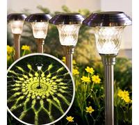 BEAU JARDIN 4 Pack Metal Garden Solar Lights Outdoor Waterproof 900mAh LED Solar Stake Lights Glass Lens Stainless Steel Outdoor Garden Stake Sun Powered Landscape Lawn [Energy Class A]