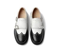 BEAU TODAY Monk Strap Loafers for Women,Brogue Wingtips Leather Shoes,Comfortable Slip-on Double Buckles Design Business Oxford for Women, White and Black, 6 UK