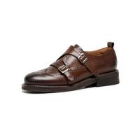 BEAU TODAY Women's Leather Loafers, Wingtip Brogue Monk Strap Shoes | Genuine Leather, Round Toe, Low Heel, Metal Buckle, Non-Slip, Comfortable Business Casual Flats for Work and School