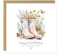 Beau Willows Gardening Birthday Card for Mum - Watercolour Butterfly Greetings Card with Flowers and Wellies