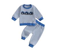 Beauace Baby Boy Autumn Clothes Set Tractor Embroidery Long Sleeve Striped Sweatshirt Trousers Toddler Boy Waffle Outfits (Blue, 6-12 Months)