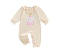 Beauace Baby Girl First Birthday Outfit Long Sleeve Romper Cake Smash Embroidery Ruffle Bodysuit Toddler Girls Winter Clothes (Beige, 6-12 Months)