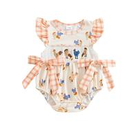 Beauace Baby Girls Summer Romper Chick Print Embroidery Plaid Flying Sleeve Bow Smocked Bodysuit Toddler Girls Outfit (Apricot, 12-18 Months)