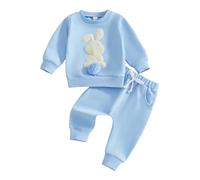 Beauace Easter Baby Girl Outfit Cute Bunny Print Clothes Long Sleeve Sweatshirt Pants Set 3D Plush Rabbit Tail Outfits (Blue, 6-12 Months)
