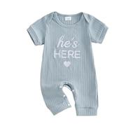 Beauace Newborn Baby Boy Clothes One Piece Jumpsuit Toddler Letter Print Summer Outfit He's Here Short Sleeve Playsuit Cute Clothing (Multicolor, 0-3 Months)