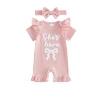 Beauace Newborn Baby Girl Summer Outfit Ruffle She's Here Print Clothes Set Short Sleeve Bodysuit Headband Set Toddler Bow Embroidery Jumpsuit (Multicolor, Newborn)