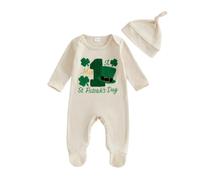 Beauace Newborn Boy Footie Romper Long Sleeve Shamrock Embroidery My First St Patrick’s Day Baby Outfit with Hat (Beige, 12-18 Months)