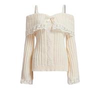 Beauace Womens Off Shoulder Lace Trim Jumper Y2K Kawaii Long Sleeve Sexy Winter Sweater Cute Knitted Tops with Bowknot (White, L)