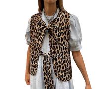 Beauace Women's Y2k Leopard Print Waistcoat Sleeveless Tie Front V-Neck Vest Casual Cheetah Print Jacket Cardigan (Dark Brown, l)