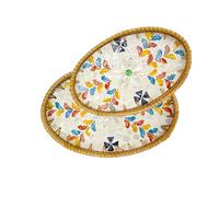 BeauFairy 2PCS Round Rattan Tray with Mother of Pearl Inlay, Rattan Serving Tray, Storage and Display of Coffee, Bread, Fruits, Snacks, Hand Woven Boho Wicker Tray for Table Decor, (Colored Leaves)