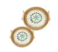 BeauFairy 2PCS Round Rattan Tray with Mother of Pearl Inlay, Rattan Serving Tray with Handle, Storage and Display of Coffee, Bread, Fruits, Snacks, Hand Woven Boho Wicker Tray for Table Decor, 22/24CM