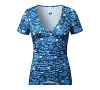 Beauhuty Women's Top Deep V Neck Slim Fitted T-Shirt Front Wrap Ruched Short Sleeve Tee, Short-floral Blue 27, M-L
