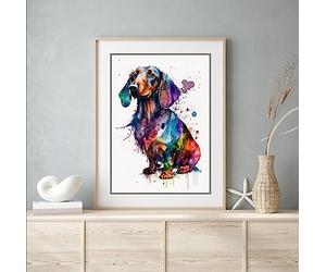 Beauitiful vivid fine art print of a Dachshund painting (picture 1) (A4 PRINT ONLY 29.7 X 21CM)