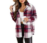 Beaully Women's 2024 Fall Clothes Plaid Shacket Jacket Long Sleeve Button Down Flannel Shirts Fashion Jacket, Burgundy, L