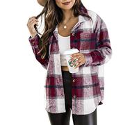 Beaully Women's 2025 Fall Clothes Plaid Shacket Jacket Long Sleeve Button Down Flannel Shirts Fashion Jacket, Burgundy, L