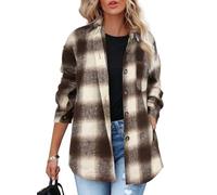 Beaully Women's Plaid Shacket Jacket Long Sleeve Button Down Flannel Shirts Fashion Jacket Fall Winter Clothes, Dark Coffee, Large