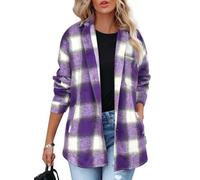 Beaully Women's Plaid Shacket Jacket Long Sleeve Button Down Flannel Shirts Fashion Jacket Fall Winter Clothes, Purple Grey, Small
