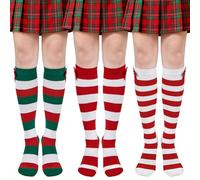 Beaulov 3 Pair Christmas Knee High Socks for Women Thigh Highs Striped Elf Socks Women Over the Knee Sock Long Sock Holiday Bow Tie