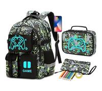 Beaulyn Gamer Boys Backpack Set Includes a Lunch Bag & Pencil Case -17" H Boys School Bag with Glow in the Dark, 7 Pockets, USB Port & Padded Straps, Fits 15.6" Laptop, Ideal Kids Rucksacks Ages 6-14