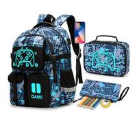 Beaulyn Gamer Boys Backpack Set Includes a Lunch Bag & Pencil Case -17" H Boys School Bag with Glow in the Dark, 7 Pockets, USB Port & Padded Straps, Fits 15.6" Laptop, Ideal Kids Rucksacks Ages 6-14