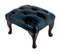 Beaumont Heritage Chesterfield Footstool | 100% Genuine Antique Blue Leather Ottoman Pouffe | Handmade UK Furniture with Queen Anne Mahogany Legs | Classic Chesterfield Stool & Foot Rest