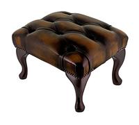 Beaumont Heritage Chesterfield Footstool | 100% Genuine Antique Brown Leather Ottoman Pouffe | Handmade UK Furniture with Queen Anne Mahogany Legs | Classic Chesterfield Stool & Foot Rest