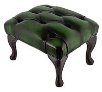 Beaumont Heritage Chesterfield Footstool | 100% Genuine Antique Green Leather Ottoman Pouffe | Handmade UK Furniture with Queen Anne Mahogany Legs | Traditional Chesterfield Stool & Foot Rest