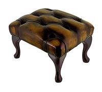 Beaumont Heritage Chesterfield Footstool | 100% Genuine Antique Tan Leather Ottoman Pouffe | Handmade UK Furniture with Queen Anne Mahogany Legs | Traditional Chesterfield Stool & Foot Rest