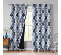 Beauoop 100% Blackout Curtains 90 Inches Long 2 Panels for Bedroom Living Room Blue Grey Moroccan Geo Room Darkening Thermal Insulated Soundproof Grommet Top Window Treatments Drapes, 50x90 Set of 2