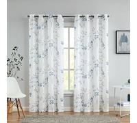 Beauoop Blue Grey Semi Sheer Floral Curtains for Living Room 90 Drop Linen Textured Farmhouse Curtains for Bedroom Leaf Printed Eyelet Rustic Drapes Window Treatment Set 2 Panels