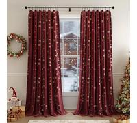 Beauoop Christmas Red Velvet Curtains 96 Inches Long 2 Panels for Bedroom Living Room Gold Patterned Burgundy Thermal Insulated Room Darkening Rod Pocket Window Treatments Drapes, 52X96 Set of 2
