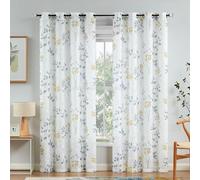Beauoop Floral Linen Semi Sheer Curtains 84 Inches Long 2 Panels for Living Room Bedroom Yellow Grey Farmhouse Flower Patterned Light Filtering Textured Grommet Top Window Treatments Drapes, 50x84