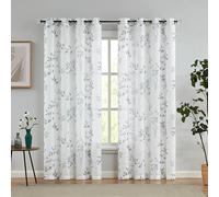 Beauoop Grey Semi Sheer Floral Curtains for Living Room 90 Drop Linen Textured Farmhouse Curtains for Bedroom Leaf Printed Eyelet Rustic Drapes Window Treatment Set 2 Panels