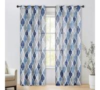 Beauoop Grommet Lattice Moroccan Tile Print Curtains 84 Inches Long Quatrefoil Geometric Linen Like Semi Sheer Curtain Window Treatment Set for Living Room Kitchen, Set of 2, 50 x 84 Inch, Blue/Gray