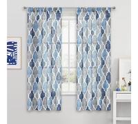 Beauoop Linen Semi Sheer Curtains 45 Inches Long 2 Panels for Bedroom Living Room Blue Grey Moroccan Geo Farmhouse Light Filtering Privacy Textured Rod Pocket Window Treatments Drapes, 50x45 2 Set