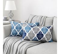 Beauoop Throw Pillow Covers 20x12 for Couch Sofa Moroccan Blue Gray 2 Sets | Soft Chenille Print Geometric Velvet 2-Sided Pattern Decorative Rectangle Standard Pillowcases for Bedroom Living Room