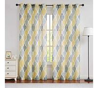 Beauoop Yellow Sheer Curtains for Living Room 90 Inch Drop Voile Curtains for Bedroom Geometric Print Linen Textured Curtain for Kitchen Farmhouse Lattice Window Curtain Drapes 2 Panels