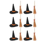 Beaupretty 12pcs Mini Witch Hats and Brooms Set for Dollhouse Halloween Decorations, Black Felt Large Hats 8cm Red Thread Brooms 11.5cm, Tiny Doll Accessories for Party Crafts