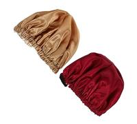 Beaupretty 2Pcs Adjustable Satin Night Hats for Women Hair Protection Non Skid Double Layer Silk Caps Burgundy and Khaki Breathable Sleep Caps to Prevent Frizz and Keep Pillows Clean