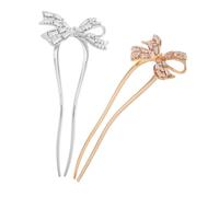 Beaupretty 2pcs Chinese Style U Shaped French Twist Hair Pins with Rhinestone Bow Double Prong Updo Forks for Women Decorative Bridal Accessories for Weddings and Formal Events