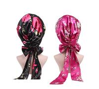Beaupretty 2pcs Silk Sleeping Cap,Stain Bonnet Head Cover with Ribbon for Women(Rose Red Floral Printing + Black Floral Printing)
