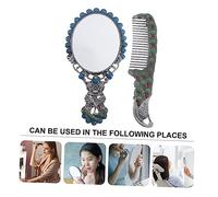Beaupretty 2pcs Vintage Hand Held Makeup Mirror and Hair Comb Set Compact Metal Vanity Mirror with Retro Peacock Design Portable Makeup Tool for Travel Daily Use Women