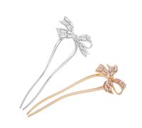 Beaupretty 2pcs Vintage Rhinestone Bow Hairpin U Shaped Metal Hair Forks for Women Elegant French Twist Bun Chignon Accessories Gold Silver Decorative Pins
