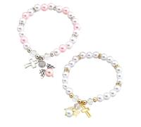 Beaupretty 2pcs Women Beaded Wrist Chain Bracelets with Artificial Pearls Hollow Cross Design Elastic Band Mixed Colors White Pink for Stylish Wrist Ornaments and Creative Gift