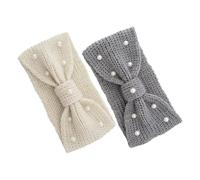 Beaupretty 2pcs Women’s Knit Woolen Pearl Bowknot Headband Ear Warmers Winter Headwraps Grey Cable Crochet Hair Band for Girls Cold Weather