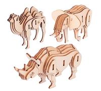 Beaupretty 3 Pcs Wooden Animal Puzzle Model Kit Educational DIY with Elephant Camel Rhino for Developing Logical Thinking and Concentration Skills