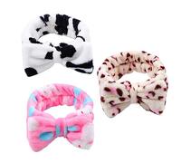 Beaupretty 3Pcs Bowknot Makeup Headband Soft Fleece Hair Bands for Women for Face Washing Skincare and Makeup Application Cute Bow Design Pink Rabbit Cow White and Pink Leopard