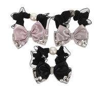 Beaupretty 3pcs High Elasticity Bowknot Hair Ties with Rhinestones and Pearls Soft Stretchy Ponytail Holders in Black Pink Purple Gray Comfortable Elastic Bands for Wedding and Everyday Wear