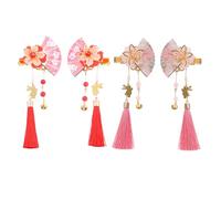 Beaupretty 4PCS Japanese-inspired Fan Tassel Hair Clips with Bells Lightweight Vintage Kimono Flower Barrettes for Bridal Wedding and Traditional Chinese Costume Accessories